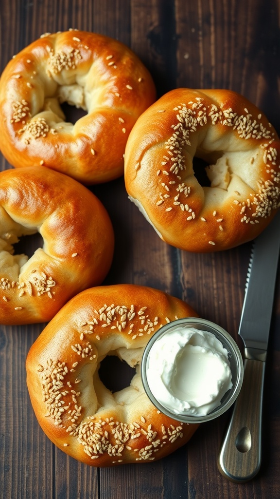 Freshly baked vegan bagels on a wooden table with cream cheese.